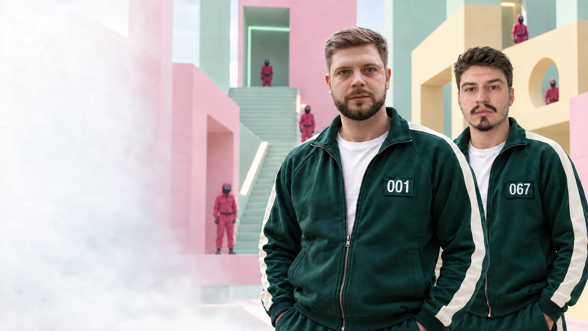 Illia (001) i Valera (067) w zielonych dresach graczy na tle pastelowych schodów, mgły i strażników w różowych kombinezonach